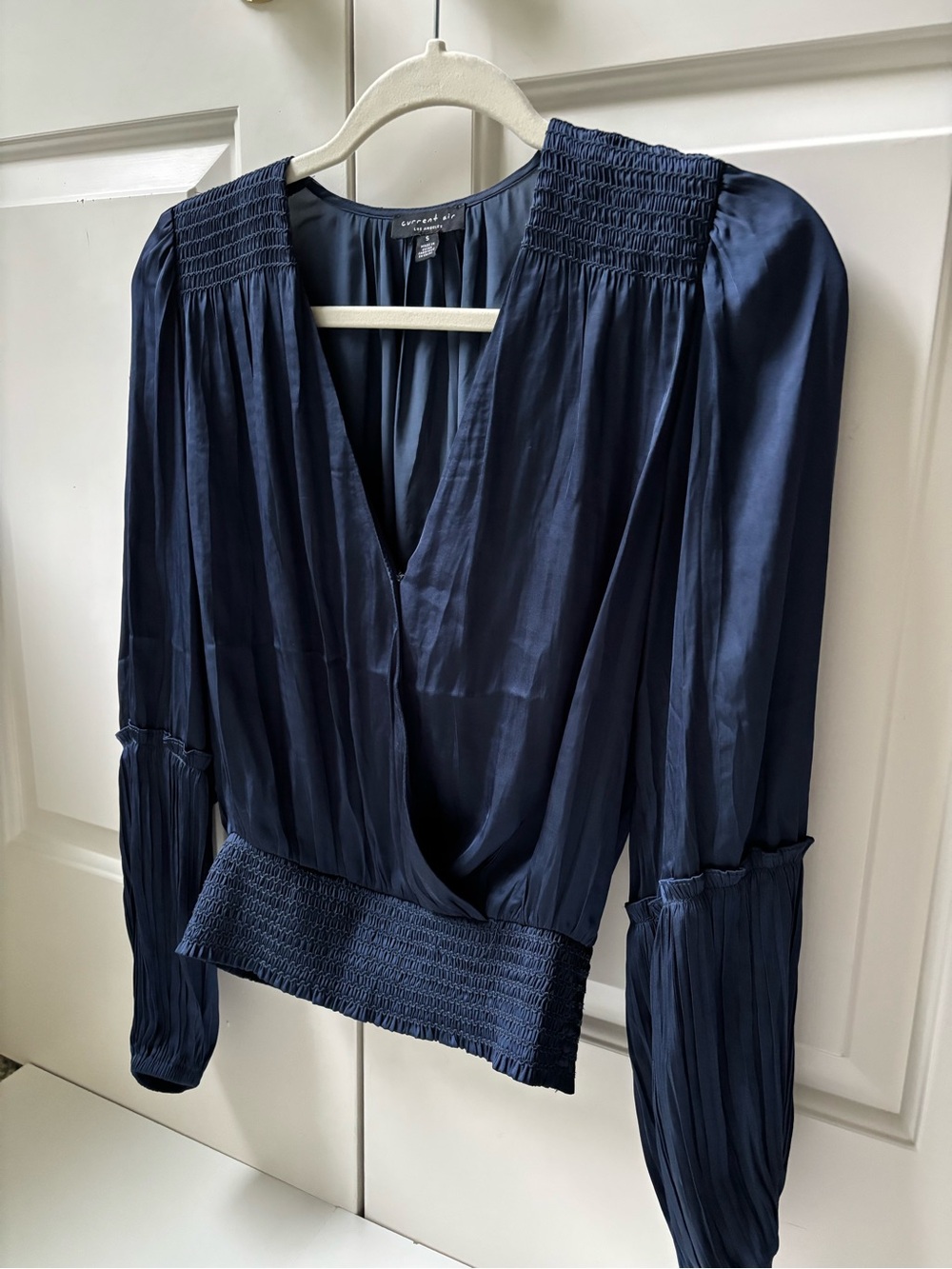 Current Air Navy Smocked Waist V-Neck Blouse